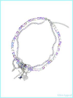 Double Layered Crystal Bead Necklace Cross Heart Pendant Women's Jewelry